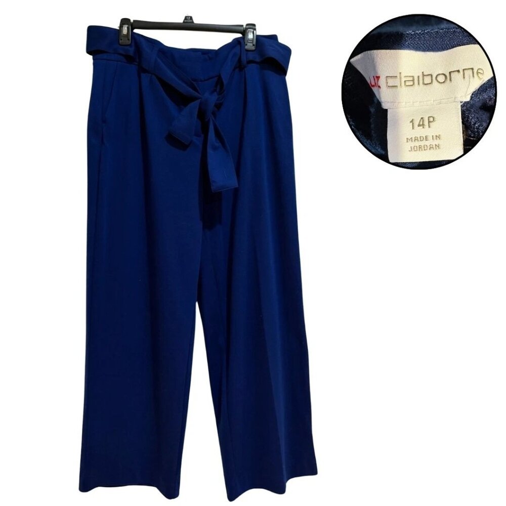 Blue Wide Leg Pants Petite 14P Work Office Tie Waist Trousers